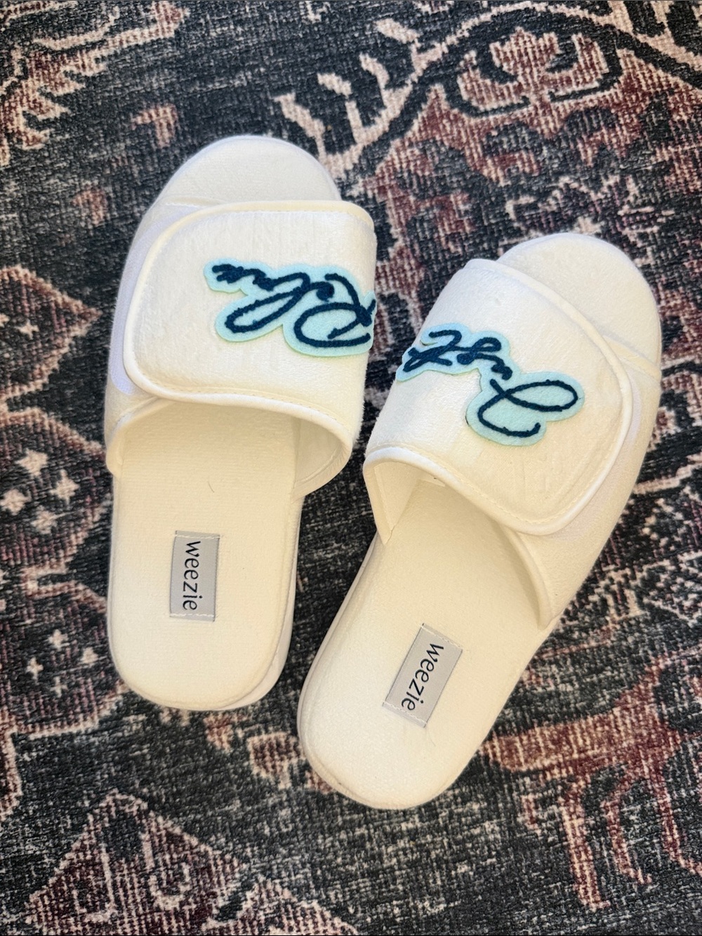 White Plush Slide Sandals with Blue Embroidery